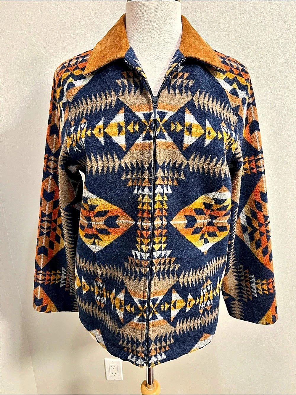 Pendleton Women’s Silverton Coat Aztec Wool Jacket Suede Leather Collar Medium